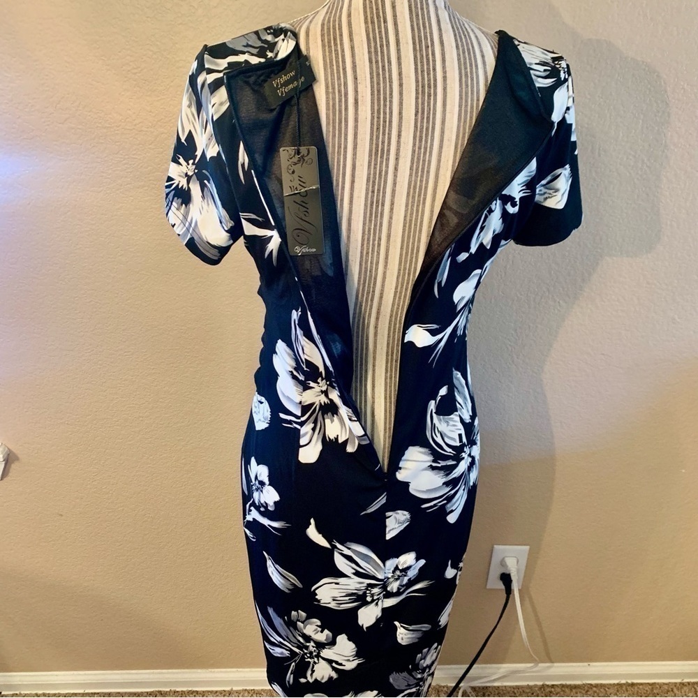 NWT VfEmage Dress Med Black White Floral Short Sleeve Black Bow at Waist Midi - Picture 9 of 16
